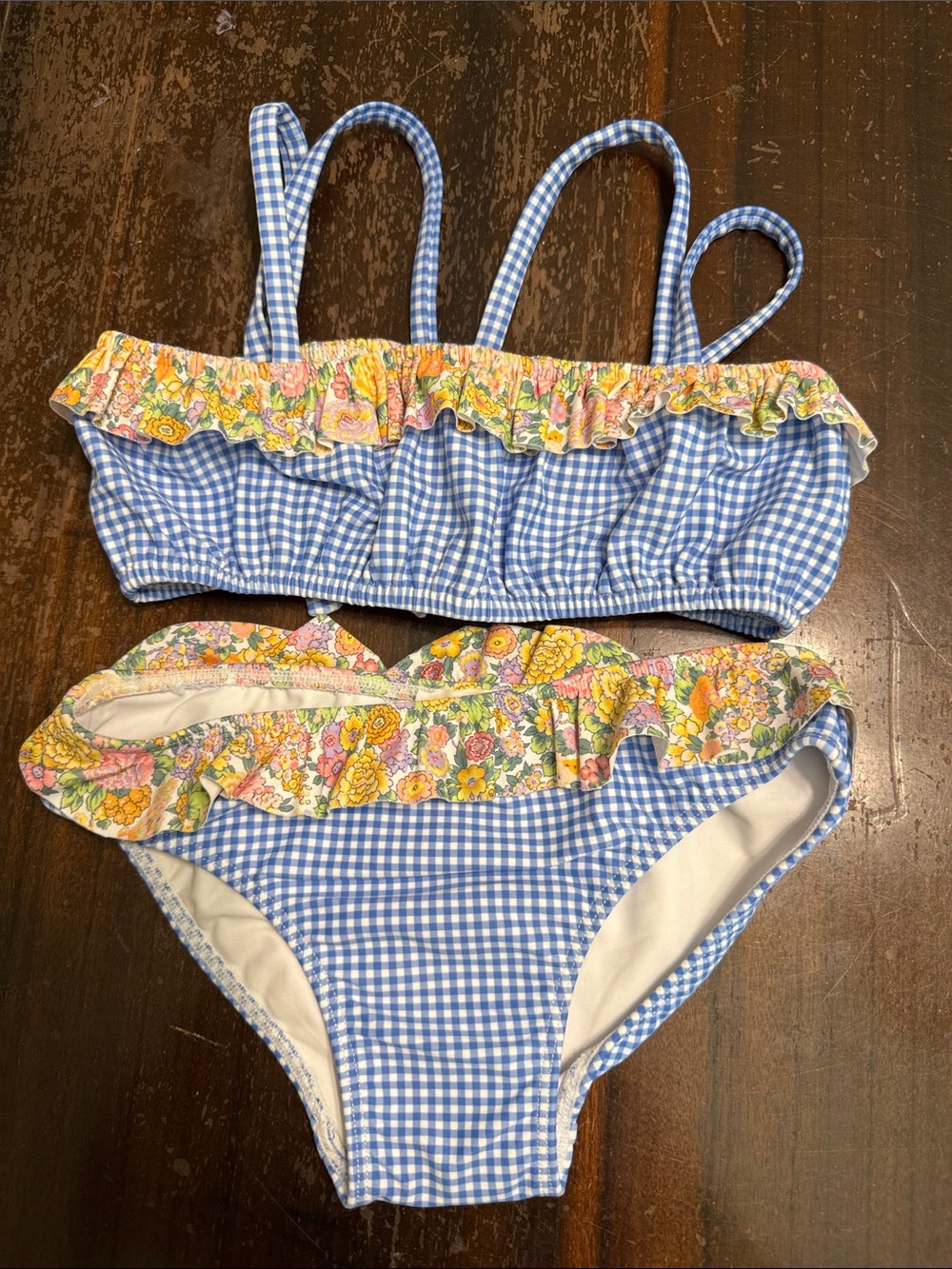 Girls Blue Gingham Floral Ruffle Bikini - Classic Swim Set